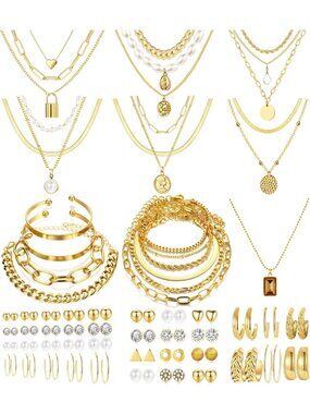 68 Pcs Elegant Gold Jewelry Set for Women - Necklaces, Bracelets, Earrings
